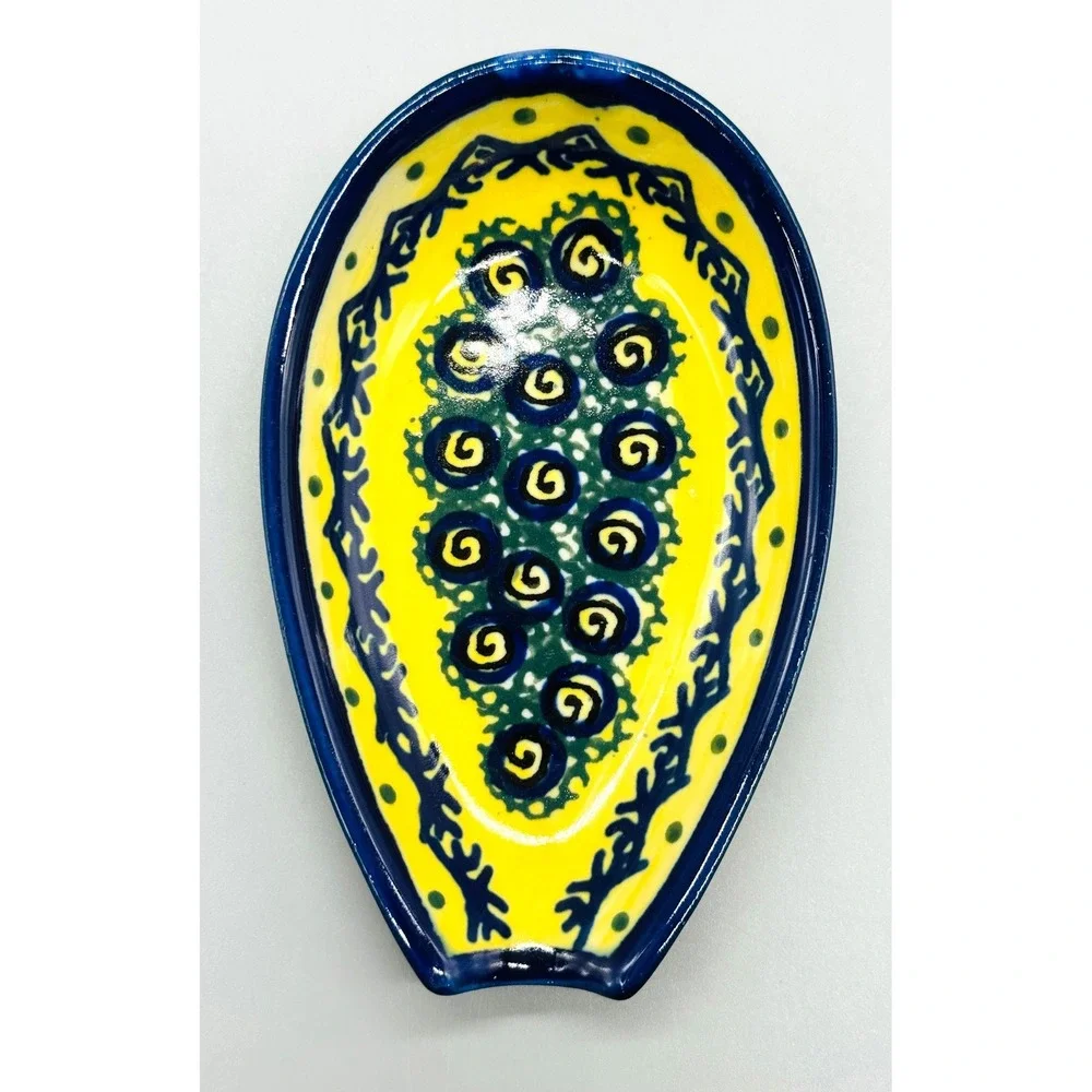 Boleslawiec Spoon Rest Yellow Blue Peacock Eye Pattern Ceramic Polish Pottery